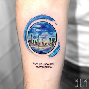 Tattoo by Emma Grace #EmmaGrace #landscapetattoos #landscape #world #land #world #earth #environment #watercolor #cityscape #NewYork #bridge #city #building #architecture