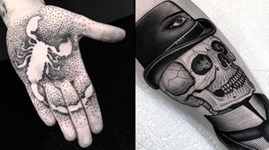 Tattoo on the left by Piotr Szencel and tattoo on the right by BlackCasketTyler #BlackCasket #BlackCasketTyler #PiotrSzencel #dotworktattoos #dotwork #stippling #dots #illustrative #blackwork