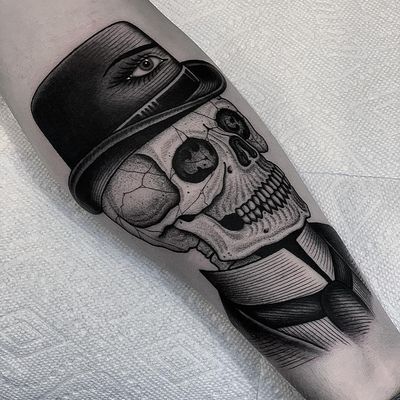 Tattoo by BlackCasketTyler #BlackCasket #BlackCasketTyler #dotworktattoos #dotwork #stippling #dots #illustrative #blackwork #skull #death #eye #bowlerhat #hat