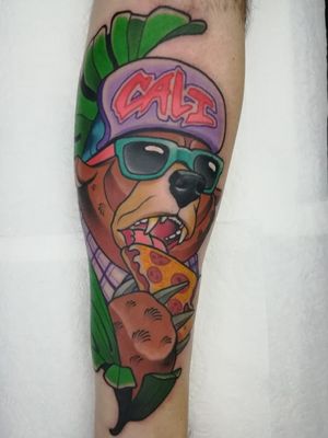 Pizza munching, surfing party bear to start off my left sleeve! 