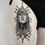 Tattoo by Josef Batar #JosefBatar #dotworktattoos #dotwork #stippling #dots #illustrative #blackwork #ladyhead #lady #portrait #moon #symbol #sigil #evil #demon #darkart