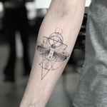 Tattoo by Ali Anil Ercel #AliAnilErcel #dotworktattoos #dotwork #stippling #dots #illustrative #blackwork #davinvi #moon #dragonfly #sacredgeometry #geometric #vitruvianman