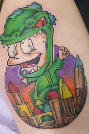Reptar Tommy from rugrats I did the other day my style custom artwork. #rugrats #rugrattattoo #tommypickels #colortattoo #cartoontattoo 