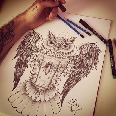 Owl & Lantern. By #ArtistUnknown #owl #owltattoo #owltattoodesign #design #illustration #sketch #amazingink #lantern #lanterntattoo #insect #insecttattoo #animal #animaltattoo #blackandgrey #blackwork #floral #bird #stunning #beautifultattoo #light #dark #wings #animalart 