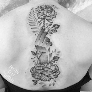 Tattoo by Justin Clay Dilmore #JustinClayDilmore #dotworktattoos #dotwork #stippling #dots #illustrative #blackwork #flower #floral #hand #rose #leaves