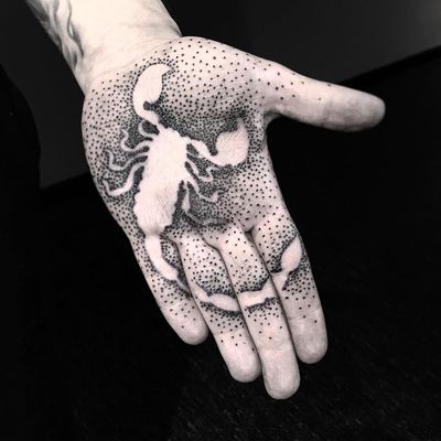 Tattoo by Piotr Szencel #PiotrSzencel #dotworktattoos #dotwork #stippling #dots #illustrative #blackwork #scorpion #palm
