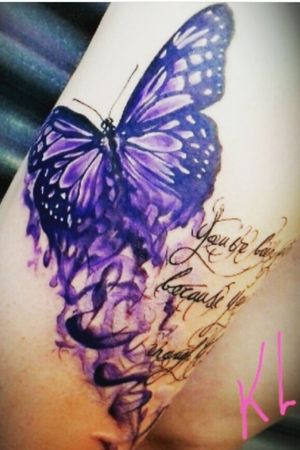 Thigh tattoo Purple butterfly and quote 