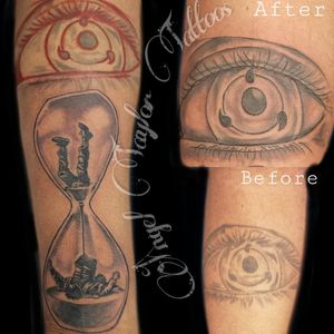 An #Hourglass tattoo I got to add on & a #NarutoEye I got to touch up. 