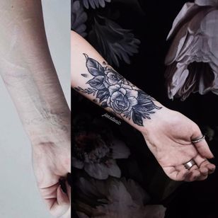 Self Harm Scar Cover Up Tattoo por Jen Tonic #JenTonic #selfharmscarcoveruptattoo #coveruptattoo #scarcoveruptattoo #scarcoverup #coverup #rose #illustrative #blackwork #linework #flowers #floral