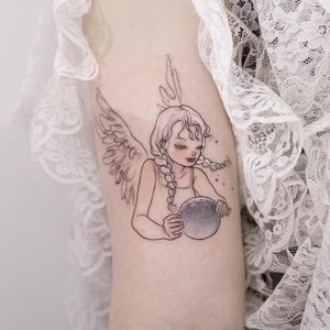 Tattoo by Zihae #Zihae #finelinetattoos #fineline #delicate #linework #illustrative #angel #wings #feathers #portrait #moon