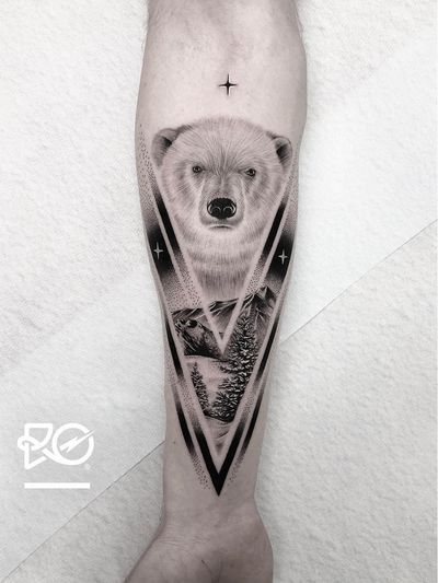 Tattoo by Robert Pavez #RobertPavez #finelinetattoos #fineline #delicate #linework #illustrative #landscape #polarbear #bear #mountain #forest #snow #geometric #dotwork