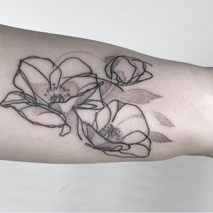 Tatuaje de Brian Steffey alias briansold #BrianSteffey #BrianSold #finelinetattoos #fineline #delicate #linework #illustrative #flower #floral #abstract #dotwork #magnolia