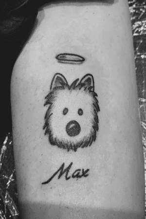 Small tattoo to remember Max the dog. #blackwork #blackandgray #armtattoo #dog #bestfriend