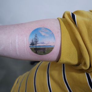 A moment of peace. Tattoo by Eva Krbdk #EvaKrbdk #selfharmscarcoveruptattoo #coveruptattoo #scarcoveruptattoo #scarcoverup #coverup #realism #landscape #lake #trees #nature #peace #hyperrealism