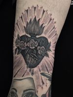 Tattoo by Juan Diego aka Illegal Tattoos #JuanDiego #IllegalTattoos #finelinetattoos #fineline #delicate #linework #illustrative #chicano #oldschool #sacredheart #rose #flower #floral #fire #blood #light