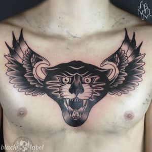 1 session, 4 hours.. panther with wings chestpiece... #tattoo #traditional #traditionaltattoo #traditionalbangers #americantraditional #americanatattoos  #bold #oldschool #boldwillhold #tradwork #tradworkers_tattoo