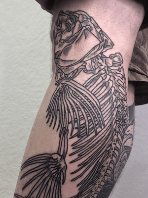 a fish skeleton from a while ago. #tattoo #tattoos #ink #inked #blacktattoo #skeleton #skeletontattoo #fish #fishtattoo #legtattoo #linework #lineworktattoo #lineart #mxatattoo #monsteralphabet