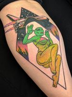 Tattoo by Onnie O'Leary #OnnieOleary #besttattoos #favoritetattoos #awesometattoos #tattoodoapp #tattooartist #tattoodoappartists #pinup #alien #abduction #ufo #ibelieve #surreal #color