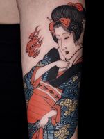 Tattoo by Haku #Haku #illustrative #neojapanese #japanese #koreanartist #japaneseinspired #geisha #fire #pattern #kimono #flowers #floral