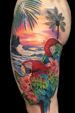 A super #tropical piece I did a little while back.  #tattoo #tattoos #ink #inked #tattooidea #tattooideas #amazingtattoos #realismtattoo#femininetattoos #tattoodesign #besttattoos #amazingtattoo #superbtattoos #fusionink #tattoodo #tattoodooapp   #lizvenom #floraltattoo #rosetattoo #tattoorose #edmontontattoo #edmontonink #skinartmag #macaw #macaws #parrot #bird #birds #frangipani #plumeria #color #beach #ocean #wave #sunset #hawaii #tropics #purple #scenery #scenic 