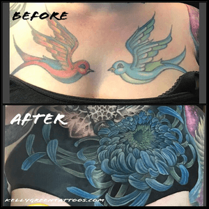 A before and after on a fellow artsits chest. (I did not do the dotwork on her throat) 