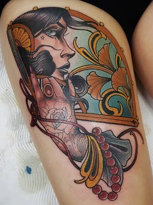 Tattoo by Richard Blackheart #RichardBlackheart #besttattoos #favoritetattoos #awesometattoos #tattoodoapp #tattooartist #tattoodoappartists #neotraditional #hand #rose #ladyhead #portrait #hand #fan