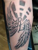 Angel wings w/initials for a father memorial piece on client forearm...#tattoos #tattooed #forearmtattoo #design #futuristic #neo #illustrative #graphic #style #original #custom #concept #rendering #surreybc #yvr #vancouver #custom #byjncustoms 