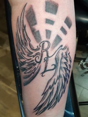 Angel wings w/initials for a father memorial piece on client forearm...#tattoos #tattooed #forearmtattoo #design #futuristic #neo #illustrative #graphic #style #original #custom #concept #rendering #surreybc #yvr #vancouver #custom #byjncustoms 