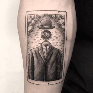 Alternation of Rene Magritte’s ‘Son of man’ on his forearm. #blackwork #blackandgrey #linework #traditional #magritte #sonofman #painting #card #forearm #illson