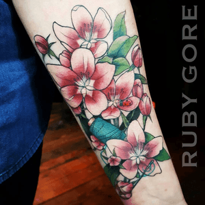 Tattoo by Ruby Gore | Philadelphia, PA http://www.therubygore.com  #vegantattoos #lady-tattooers #rubygore #botanicaltattoo #flowers #flowertattoos #vegan #vegantattoo #veganink #ladytattooers #tattoo #tattoos #flowertattoo #floraltattoo #planttattoo #botanicaltattoo #naturetattoo #colortattoo #colortattoos #neotraditionaltattoo #neotraditionaltattoos #peonytattoo #rosetattoo #phillytattoo #phillyink #newjerseytattoo #delawaretattoo #newyorktattoo #cherryblossoms 