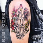 Tattoo by Ruby Gore | Philadelphia, PA http://www.therubygore.com #vegantattoos #lady-tattooers #rubygore #botanicaltattoo #flowers #flowertattoos #vegan #vegantattoo #veganink #ladytattooers #tattoo #tattoos #flowertattoo #floraltattoo #planttattoo #botanicaltattoo #naturetattoo #colortattoo #colortattoos #neotraditionaltattoo #neotraditionaltattoos #peonytattoo #rosetattoo #phillytattoo #phillyink #newjerseytattoo #delawaretattoo #newyorktattoo #skeletontattoo #skeleton #bones #skeletonhandtattoo #skullandflowers
