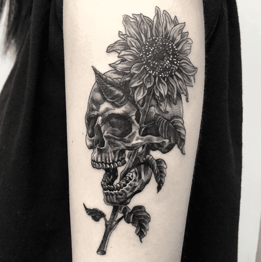 Sunflower and skulls tattoo blackandgrey sunflower skull girltattoos  Sunflower  tattoos Skull rose tattoos Girly skull tattoos