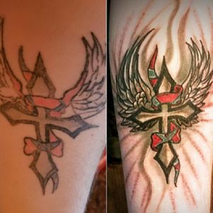 My before and after picture of my cross tattoo I got done. @StainedbyKane 