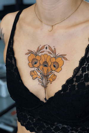 Flower chest tattoo by Jen Tonic #chestflower #jentonic #jenxtonic #floral #flower #color #neotraditional