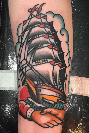 Custom traditional american ship tattooed at Snake and Tiger Tattoo in Leeds city centre. By Chris Lambert. www.chrislamberttattoo.com www.snakeandtiger.com #galleon #shiptattoo 