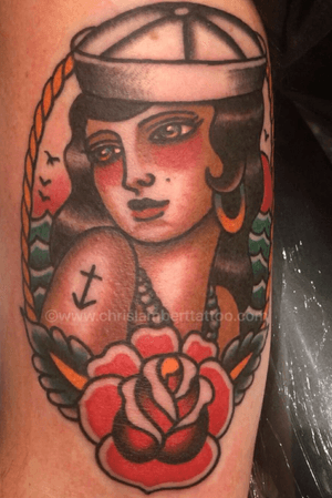 Custom traditional sailor girl pin up. Tattooed at Snake and Tiger Tattoo in Leeds city centre. By Chris Lambert. www.chrislamberttattoo.com www.snakeandtiger.com 