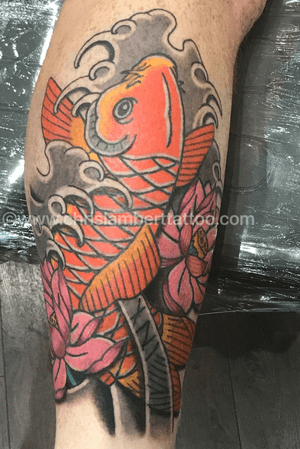 Custom traditional japanese koi carp with lotus. Tattooed at Snake and Tiger Tattoo in Leeds city centre. By Chris Lambert. www.chrislamberttattoo.com www.snakeandtiger.com #fish #irezumi 