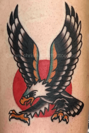 Custom traditional eagle. Tattooed at Snake and Tiger Tattoo in Leeds city centre. By Chris Lambert. www.chrislamberttattoo.com www.snakeandtiger.com 