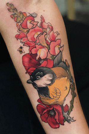 Great tit with flowers 🌼 #bird #flower #floral #neotraditional #jentonic #animal #colorful