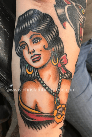 Custom traditional pin up, gypsy lady tattooed at Snake and Tiger Tattoo in Leeds city centre. By Chris Lambert. www.chrislamberttattoo.com www.snakeandtiger.com