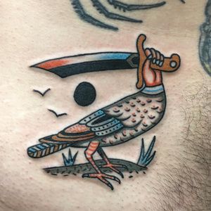 Tattoo by Henry Hablak #HenryHablak #SurrealTraditionalTattoos #Traditionaltattoos #surrealtattoos #surrealism #oldschool #AmericanTraditional #bird #hand #sword #falcon #folkart