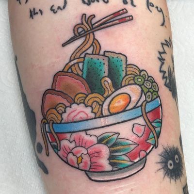 Tattoo by Alice SB #AliceSb #color #traditional #newschool #neotraditional #mashup #bold #bright #soup #ramen #pho #foodtattoo #nori #tamago #noodles #peony #flower #floral