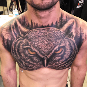 Done by carlos cisneros.      👉👉👉👉👉👉👉👉👉👉Instagram: @chchtattoos👈👈👈👈👈  #chicago #owl #owltattoo #fineline #finework #tattooartist #chesttattoo #chestpiece #blackandgrey #Tattoodo #tattoodesign #villainarts #eyestattoo #forest 