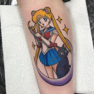 Tattoo by Alice SB #AliceSb #color #traditional #newschool #neotraditional #mashup #bold #bright #SailorMoon #Luna #star #warrior #soldier #love #anime #manga