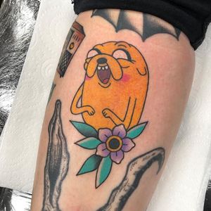 Tattoo by Alice SB #AliceSb #color #traditional #newschool #neotraditional #mashup #bold #bright #adventuretime #Jake #cartoon #flower #floral #dog