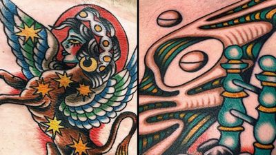 Tattoo on the left by Robert Ryan and tattoo on the right by Nick Melody #NickMelody #RobertRyan #SurrealTraditionalTattoos #Traditionaltattoos #surrealtattoos #surrealism #oldschool #AmericanTraditional
