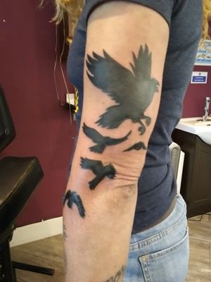Crow silhouettes flying from...Add on to a preexisting tattoo. Thanks for looking. #tattooed #birdstattoo #arm #design #illustrative #graphic #style #Black #freedom #vancouvertattooartist #vancouver #artwork 