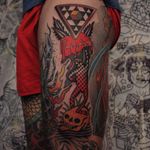 Tattoo by Joel Soos #JoelSoos #SurrealTraditionalTattoos #Traditionaltattoos #surrealtattoos #surrealism #oldschool #AmericanTraditional #frog #skull #geometric