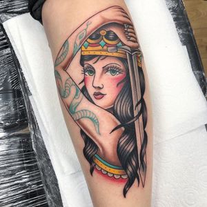 Tattoo by Alice SB #AliceSb #color #traditional #newschool #neotraditional #mashup #bold #bright #lady #ladyhead #warrior #tattooedtattoo #sword #snake