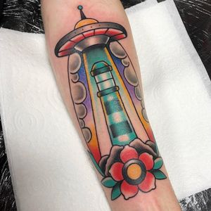 Tattoo by Alice SB #AliceSb #color #traditional #newschool #neotraditional #mashup #bold #bright #ufo #lighthouse #flower #floral #clouds